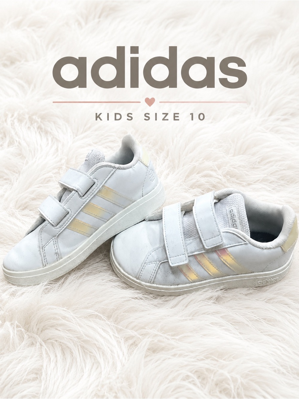 Adidas Kids Size 10 White Velcro Sneakers Iridescent Stripes